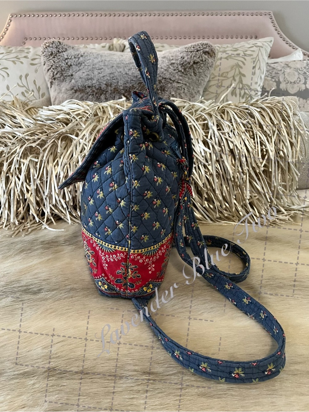 Vintage VERA BRADLEY Emily 2005 Mimi Flap Drawstring Backpack USA Red Blue Y2K - Picture 4 of 14